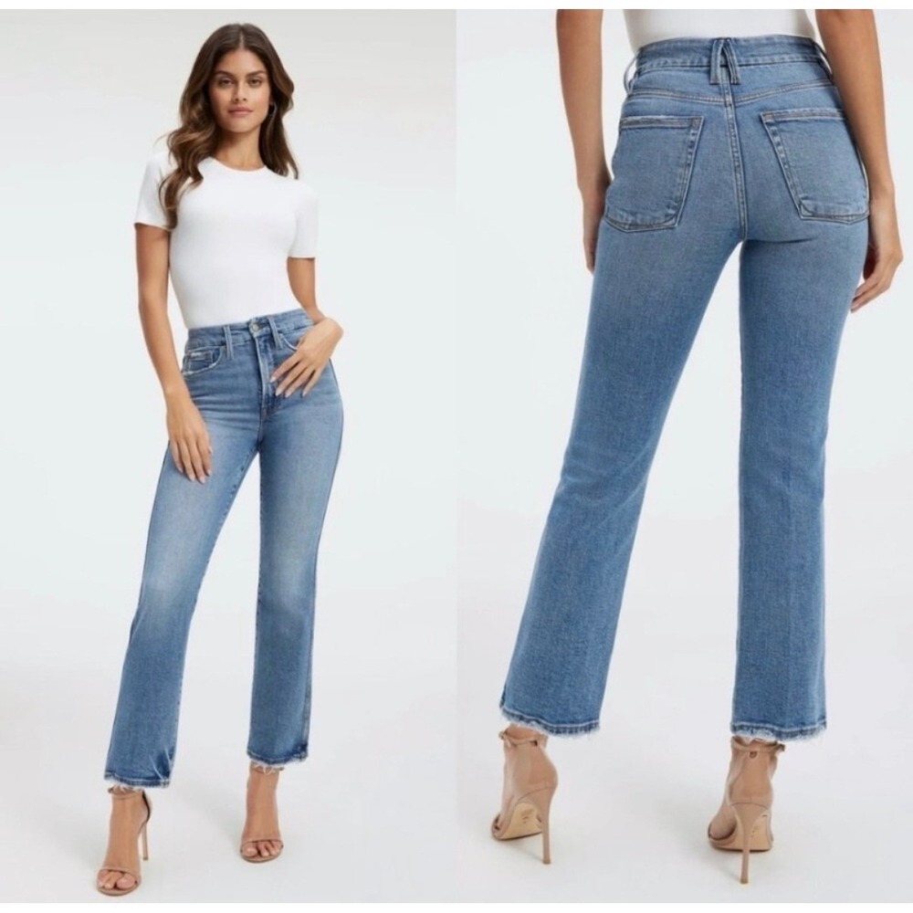 Good American Good Curve Straight Jeans Indigo Frayed Raw Hem Size 22
